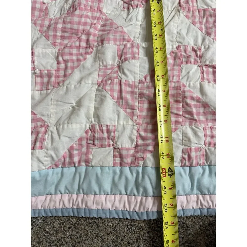 Vintage HANDMADE QUILT Drunkard’s Path Pink Blue Cottage Checker Pinwheel 50x38